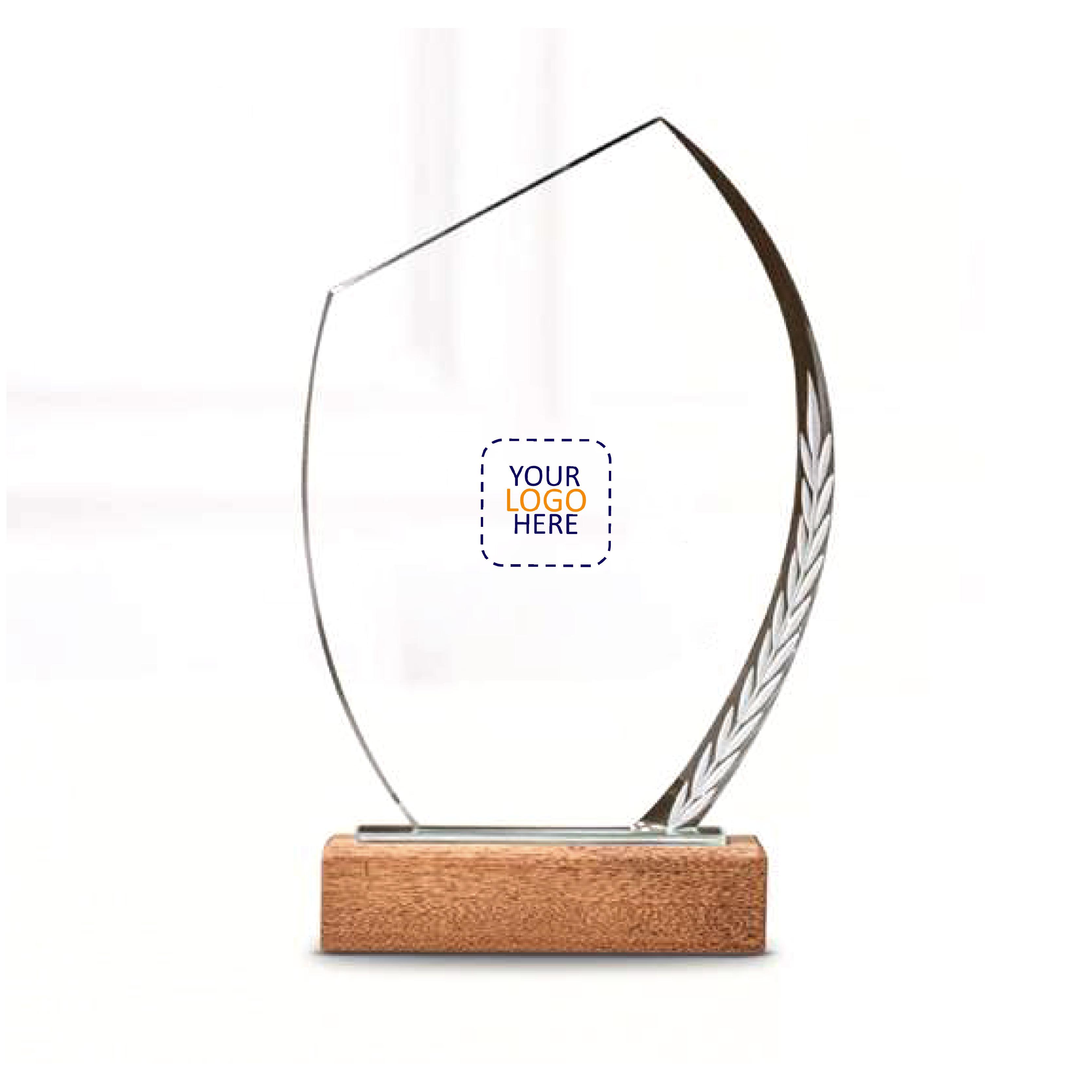 23x15 Crystal Trophy With Wooden Base Size  with Logo